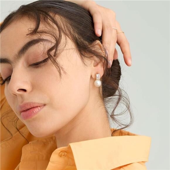 18K Gold-Plated Pearl Drop Earrings – Rectangular Zircon Halo Design, Elegant - Picture 5 of 5